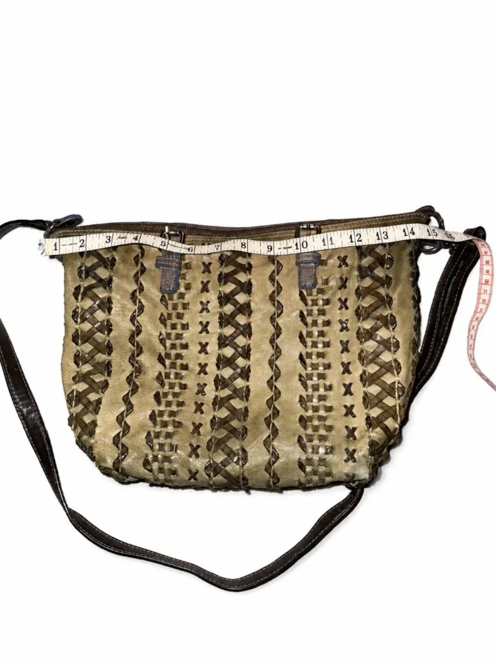 Gabs Firenze Woven Leather Shoulder Bag Taupe Turquoise Made in Italy